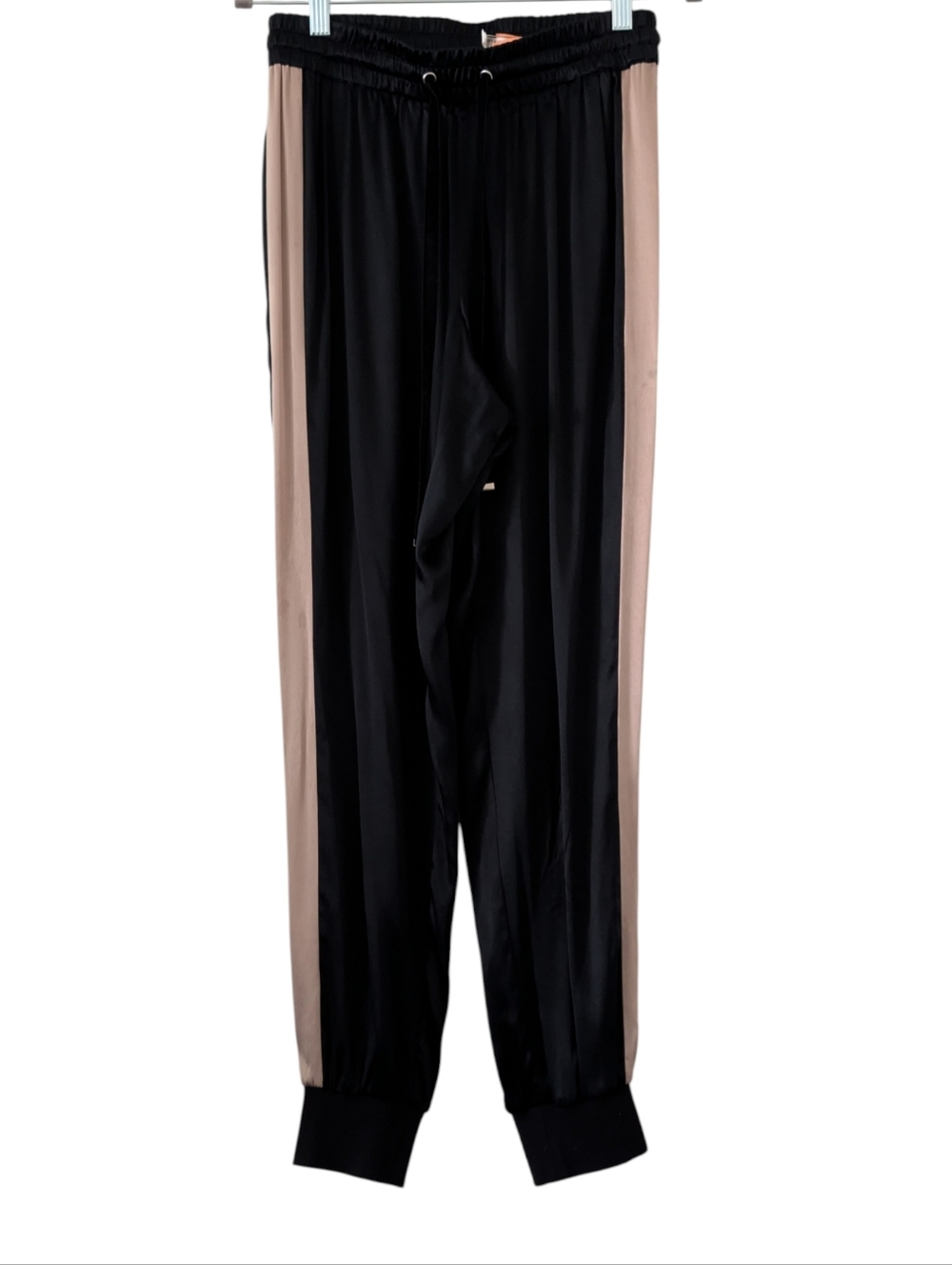 CAMI NYC Silk Blend Joggers Neutral Sand Stripe Drawstring Waist Black Medium